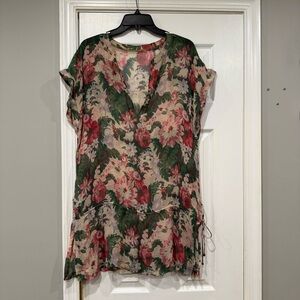 Andres Sarda Floral Sheer Tunic Dress Swim Cover Up Silk Green Pink Cream Medium